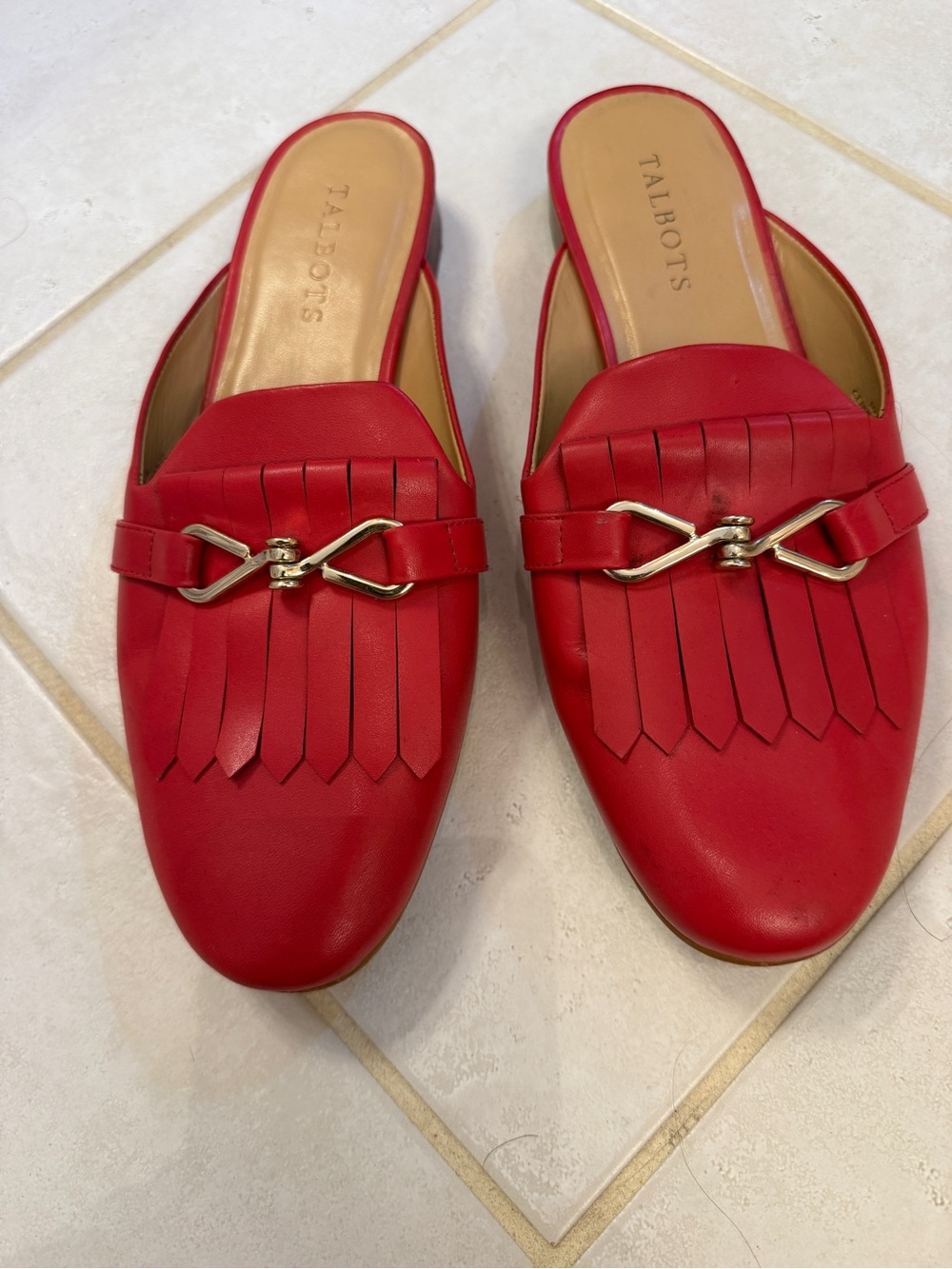 Talbots Coral Leather Fringe Mule with Gold Accent, 9M